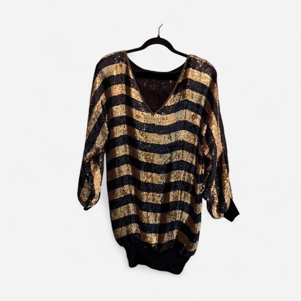 VINTAGE handmade gold & black sequin striped batwing top, size L (oversized fit)